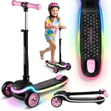 Трёхколёсный балансировочный самокат Ricokids Leddi LED — чёрно-розовый