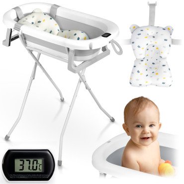 Складная ванночка для детей со стойкой, термометром и вкладышем Ricokids RK-287 бело-серая