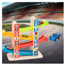 TAKEY TOY Koka kalnu trase rotaļu automašīnām + 4 automašīnas