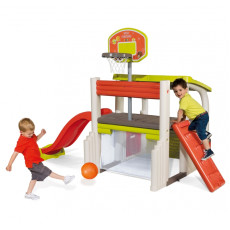 Smoby daudzfunkcionāls rotaļu laukums Slide Cottage ar aizsargstiklu un basketbolu