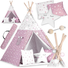Bērnu teepee telts ar Nukido gaismām - rozā ar zvaigznēm